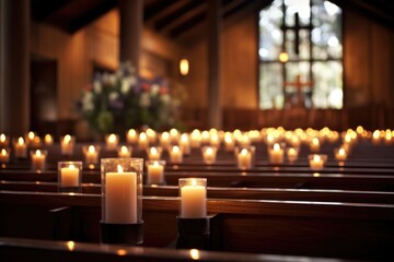 The soothing scent of burning candles fills the air around a simple wooden cross, creating a peaceful and reverent atmosphere in the candlelit chapel.