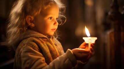 Closeup of a child lighting a candle in a dimly lit church, symbolizing the illumination of their soul through the teachings of faith and family.
