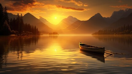 A serene view of a peaceful lake, where a small boat floats in the shimmering water, as the golden rays of the sun peek over the distant mountains.