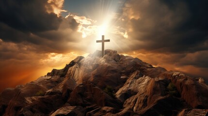 A striking image of a cross atop a mountain peak, with the suns rays bursting through the clouds behind it, representing the triumph of faith over adversity. - obrazy, fototapety, plakaty