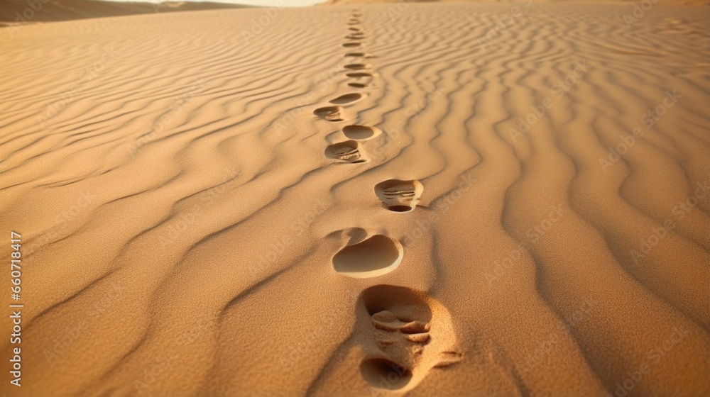 Poster a symbolic image of a single set of footprints in the sand, with one set of toes deeper and more def