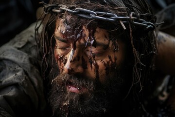 Concept photo of Jesus being nailed to the cross This powerful image captures the moment when Jesus is nailed to the cross. His face is twisted in agony, and His hands and feet are ied from