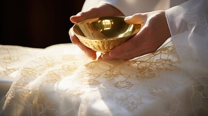Closeup of a paten and chalice being adorned with a small white cloth, representing the traditional practice of veiling the sacred vessels during the Eucharist. - obrazy, fototapety, plakaty