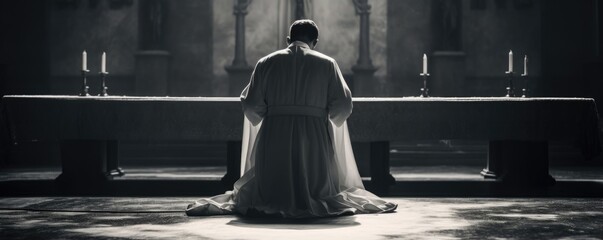 A concept photo of a priest bowing before the altar, where the Eucharist is being prepared, as a sign of humility and acceptance of Christs sacrifice. - obrazy, fototapety, plakaty