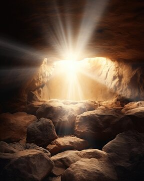 Concept photo of a bright light shining out of the empty tomb, representing the triumph of Christs resurrection over death and darkness.