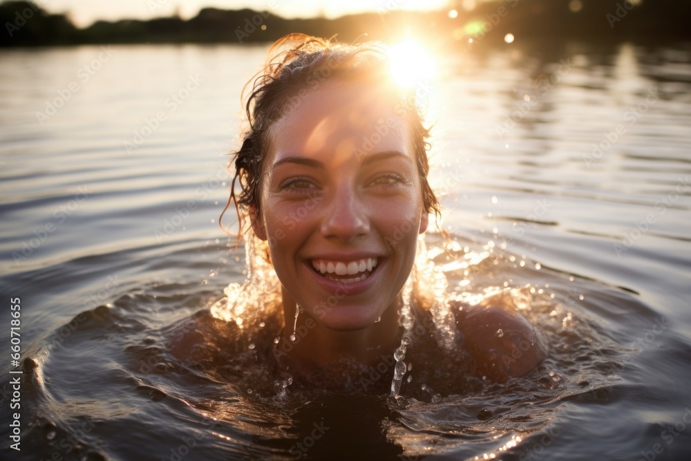 Poster Concept photo of a person emerging from the water after baptism, with a look of joy and transformation on their face.