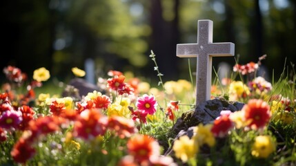 A simple iron cross on a grave, surrounded by flowers, conveying the concept of eternal life and the hope of reuniting with loved ones in heaven.