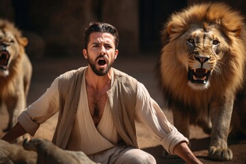 Closeup of an actor portraying Daniel in the lions den, with fierce and hungry lions all around him. The fear and faith in Daniels expression beautifully portrays his trust in Gods protection. - obrazy, fototapety, plakaty