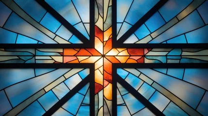 Fotobehang Closeup of a cross shaped stained glass window, illuminated by sunlight, symbolizing the divine light and beauty found in the teachings of Jesus. © Justlight