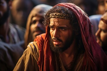 Closeup of an actor portraying Joseph, wearing a vibrant and ornate robe, being sold into slavery by his brothers. The betrayal and pain in his expression captures the heartache of the famous - obrazy, fototapety, plakaty