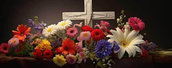 Concept photo of a cross adorned with a mix of bold and delicate flowers, such as gerbera daisies, irises, and carnations, symbolizing the strength and resilience of Jesus resurrection.