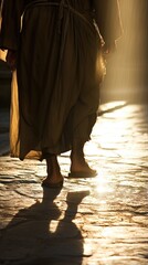 Closeup of a foot pilgrim, with their head bowed in prayer, walking towards the first station of the cross. The sunlight illuminates the path ahead, casting a warm glow on the pilgrims face. - obrazy, fototapety, plakaty