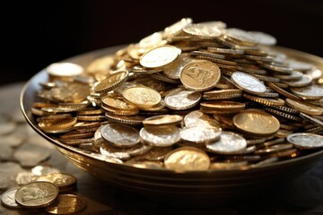 Closeup of a collection plate overflowing with coins and bills, representing the abundance of blessings that come from faithful giving.