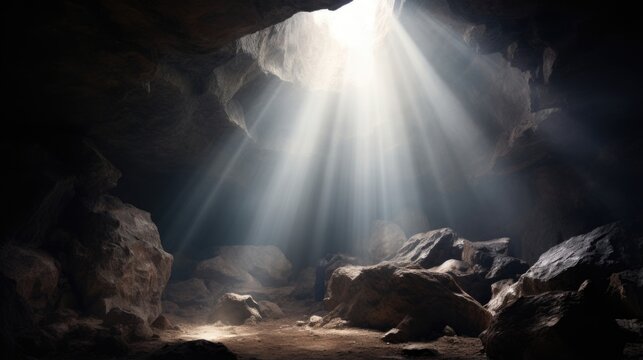 Concept photo of a dark and gloomy cave, representing the eleventh station Jesus is nailed to the cross. A single ray of sunlight breaks through the clouds and illuminates the spot where