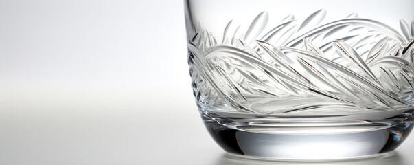Texture of clear glass with a etched and engraved design, adding intricate details and patterns to its otherwise sleek and simple appearance.