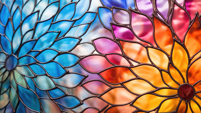 Closeup of a stained beveled glass texture, showcasing vibrant hues and intricate designs that bring a pop of color and artistry to any room.