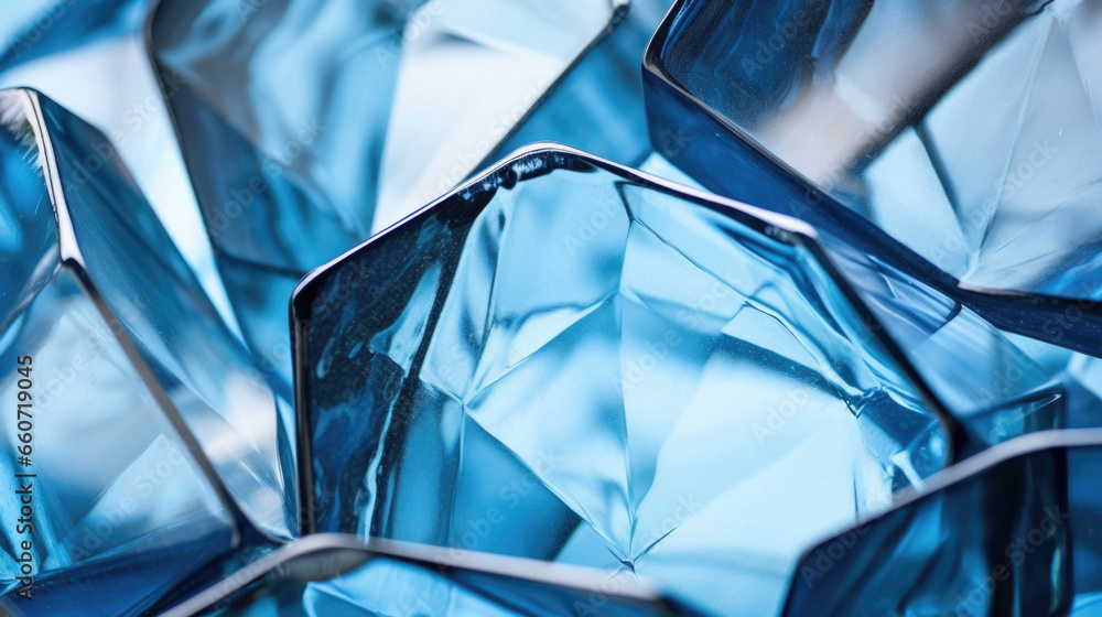 Aufkleber texture of hammered glass in a deep blue tone, with sharp and angular facets that reflect light in a