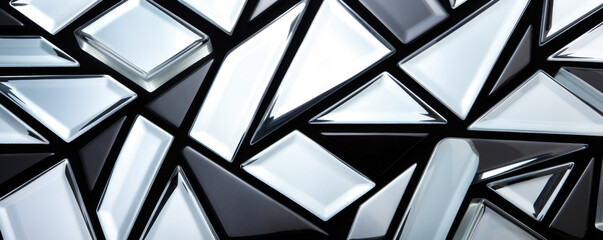 Texture of a striking geometric glass design, with bold, angular lines and triangles in shades of black and white. The glass has a glossy finish and a smooth, reflective surface.
