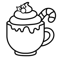 Cute Christmas hot chocolate drink outline cartoon doodle illustration