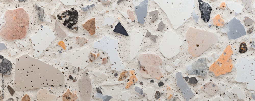 Aufkleber up close view of terrazzo concrete, displaying a rougher surface with a mix of large and small chips
