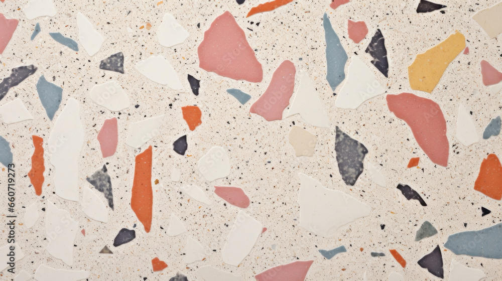 Poster detailed view of a terrazzo concrete pattern, highlighting a blend of neutral and vibrant colored ag