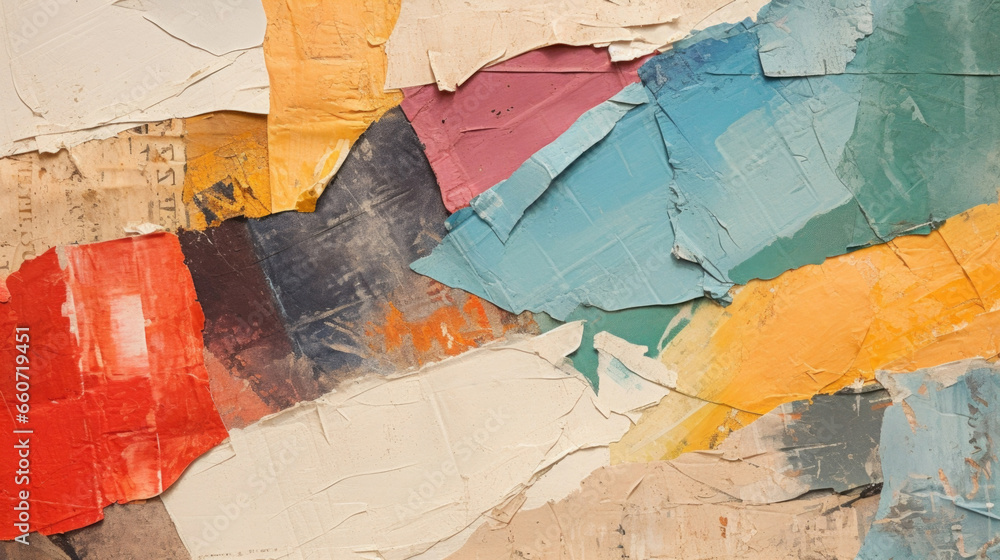 Poster closeup of a torn paper collage, showcasing a mix of torn and overlapping pieces, creating a layered
