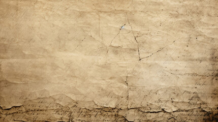 Closeup of vintage parchment, showcasing a delicate and fragile appearance with intricate cracks and faded ink stains.