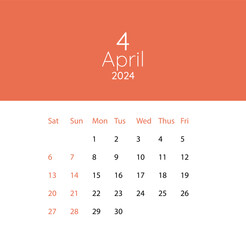2024 Calendar year vector illustration. week starts on Sunday, Simple planner design template, desk calendar 2024 year, wall calendar 2024 template, - obrazy, fototapety, plakaty