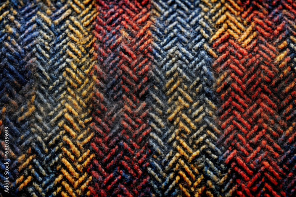 Poster closeup of a tweed wool fabric with a complex texture of interwoven strands in various colors. the f