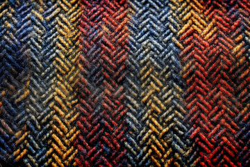 Closeup of a tweed wool fabric with a complex texture of interwoven strands in various colors. The fabric has a rough, tactile feel and is known for its durability and ability to repel water.