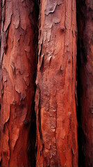 Reddishbrown tree trunks reaching towards the sky, their rough bark textured with deep grooves and knotholes.