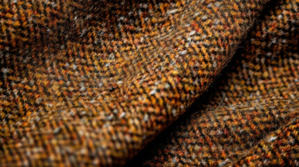 Closeup of wool tweed fabric The texture of wool tweed has a textured and uneven appearance, with small flecks and nubs visible throughout. It has a rustic and classic feel, often used for
