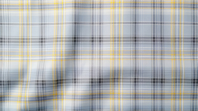 Texture of a muted grey plaid fabric, with delicate lines of pale blue and yellow crossing over each other. The material has a crisp and formal appearance, suitable for tailored clothing
