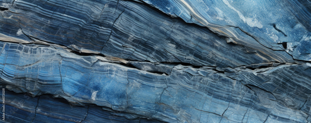 Poster closeup of blue schist with thin layers that overlap in a haphazard manner. the layers appear to cre