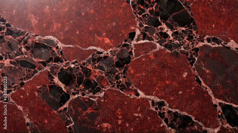 Poster closeup of a bold red porphyry with speckles of gray and black, creating a marbled effect. the textu
