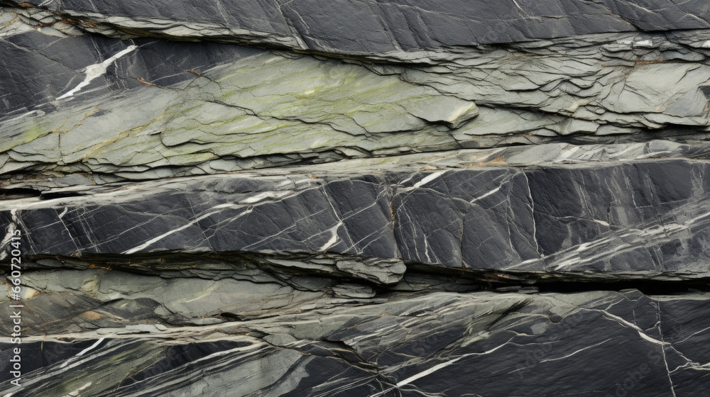 Poster detail of layered texture in mossy schist, with pronounced layers of co, gritty schist and finegrain