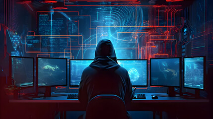 Cybersecurity Concept: Back View of a Hacker at a Multi-Monitor PC in a Holographic Room - Internet Safety