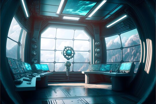 interior on a large space ship control bridge windows around the outside 8k 