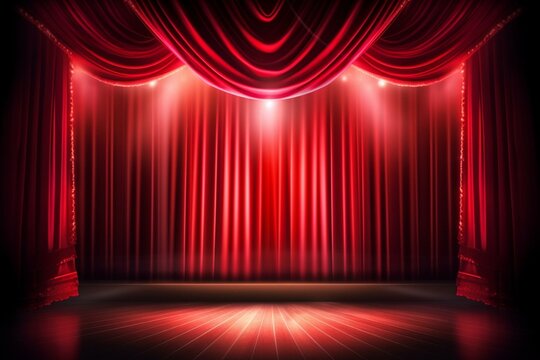 Red curtain stage spotlight. Generative AI