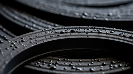 Closeup of a grooved rubber gasket, with a textured surface made up of small, circular indentations. The rubber creates a tight seal between two surfaces and is resistant to extreme temperatures. - obrazy, fototapety, plakaty
