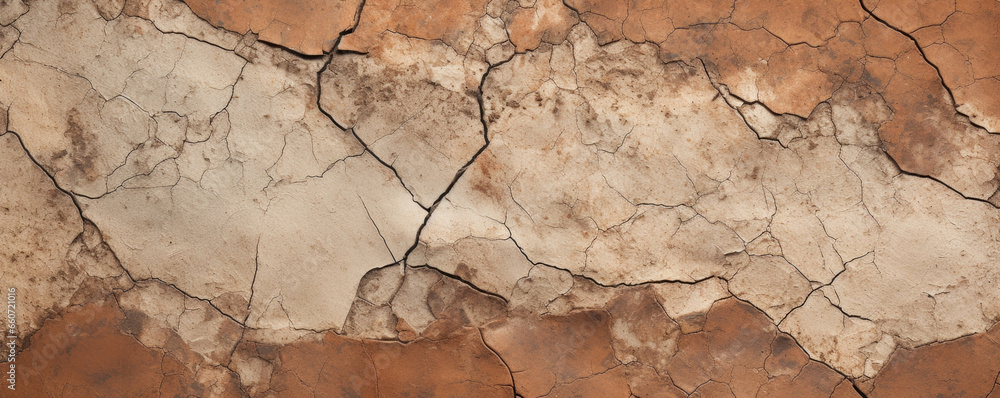 Poster closeup of a cracked and aged earthenware texture, with a rich and deep patina. the rough surface is