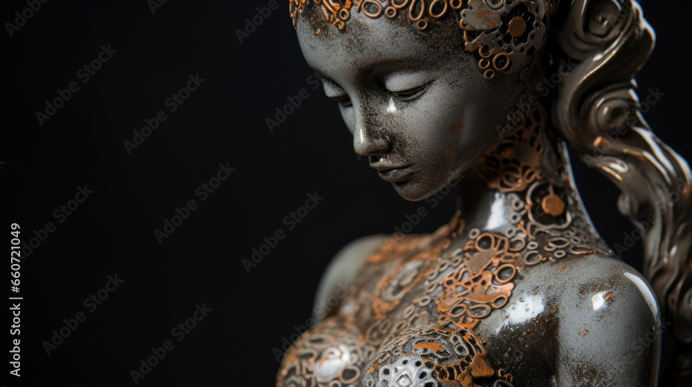 Poster closeup of a raku figurine, its metallic er adding a touch of elegance and sophistication to the int