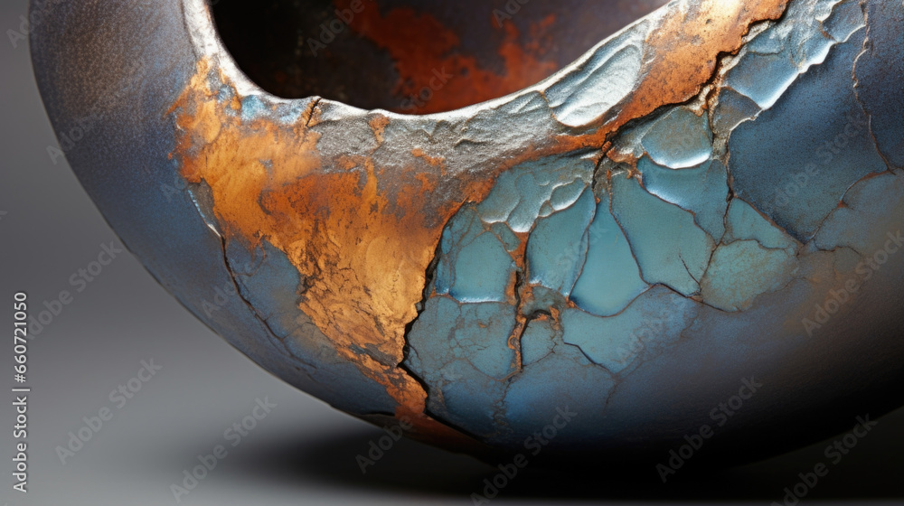 Poster closeup of a raku sculpture, its metallic er adding depth and dimension to the piece with its subtle