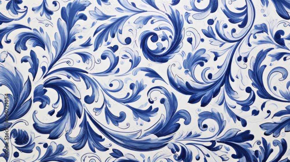 Poster texture of a delftware blue and white pattern, with intricate geometric shapes and swirls creating a