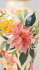 Detailed closeup of a Majolica vase featuring a floral pattern with a mix of bold and delicate brushstrokes. The handpainted flowers and leaves in shades of pink, green, and yellow create