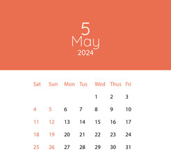 2024 Calendar year vector illustration. week starts on Sunday, Simple planner design template, desk calendar 2024 year, wall calendar 2024 template,