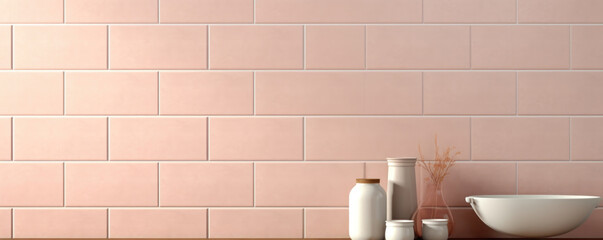 Closeup of matte finish fireclay tiles in a soft blush pink color. The tiles have a matte surface with a delicately speckled texture, creating a subtle yet feminine touch to any design.