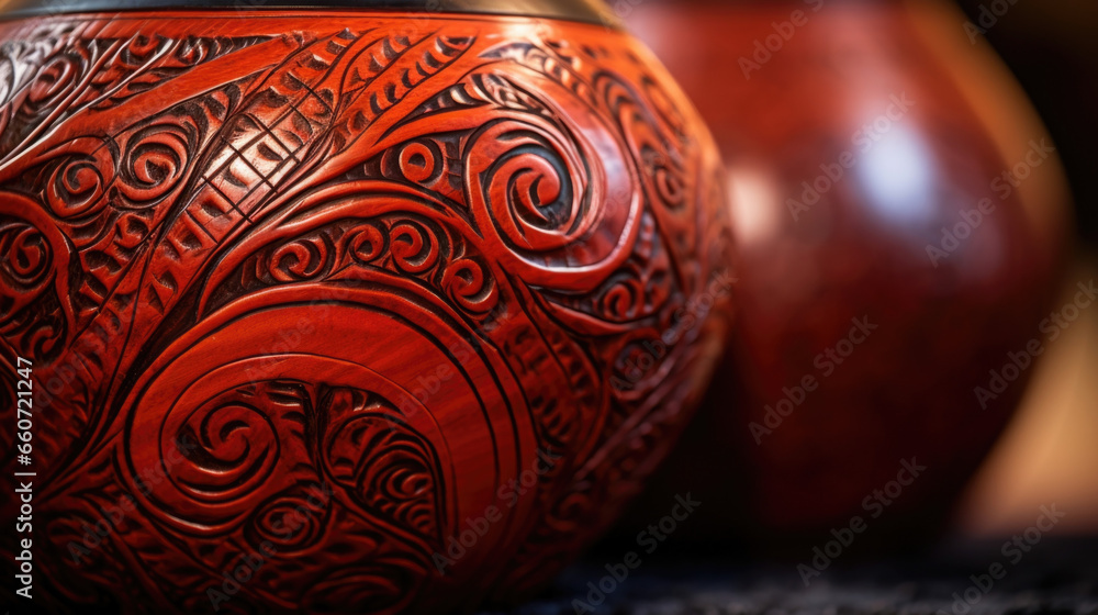 Poster closeup of a redware vase adorned with traditional swirl designs. the texture is smooth and shiny, w
