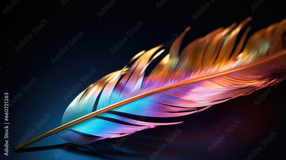 Poster closeup of a bird feather found a the iridescent leaves and twigs, its colors shifting and changing 