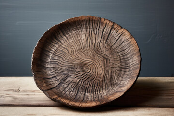 A HandCarved Plate with a textured surface resembling tree bark, complete with natural imperfections and knots.